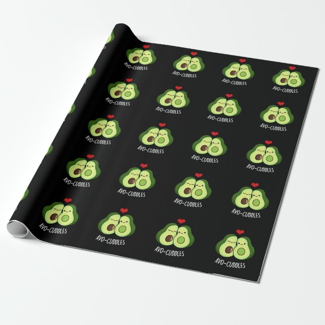 Avocuddles Funny Avocado Couple Pun Dark BG Wrapping Paper (Unrolled)