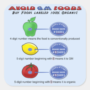 Avoid GM foods avoid 5 digit PLU starting with 8 Square Sticker
