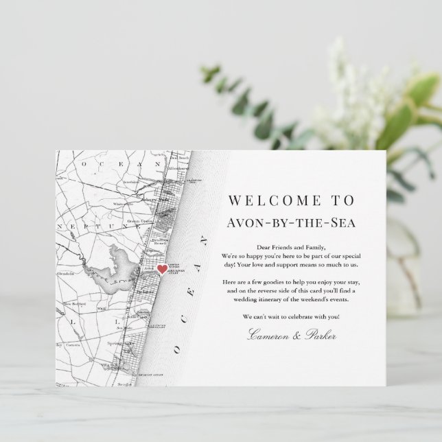 Avon NJ Map Black White Wedding Welcome Itinerary Thank You Card (Standing Front)