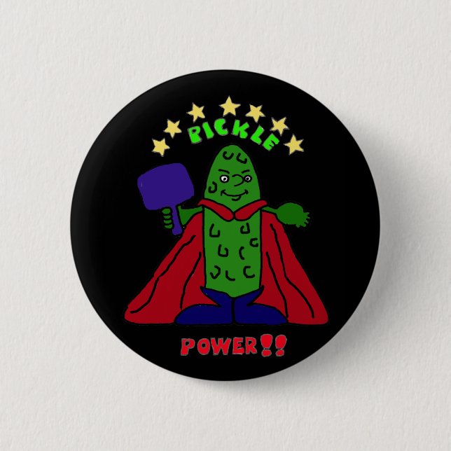 AW- Pickle Power Superhero Pickleball Cartoon 2 Inch Round Button (Front)