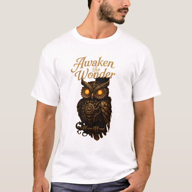Awakening Wonder – Mechanical Owl Art T-Shirt (Front)