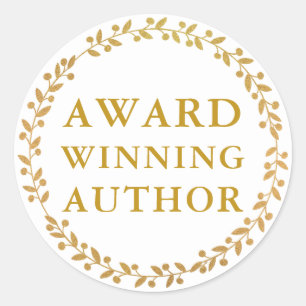 Award Winning Author Writer Book Promo Gold White Classic Round Sticker