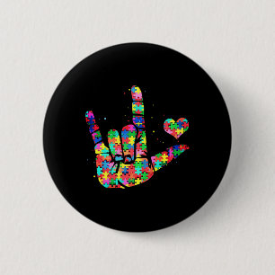 Awareness Asl Love Sign Language Puzzle Pieces 2 Inch Round Button