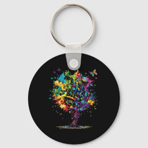 Awareness Autism Puzzle Pieces Colourful Tree Neur Keychain
