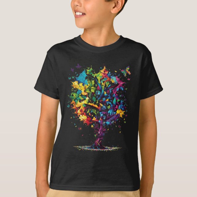 Awareness Autism Puzzle Pieces Colourful Tree Neur T-Shirt (Front)