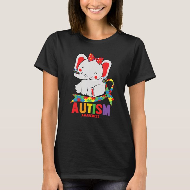 Awareness Elephant Mom Wearing Earrings Autism Hea T-Shirt (Front)