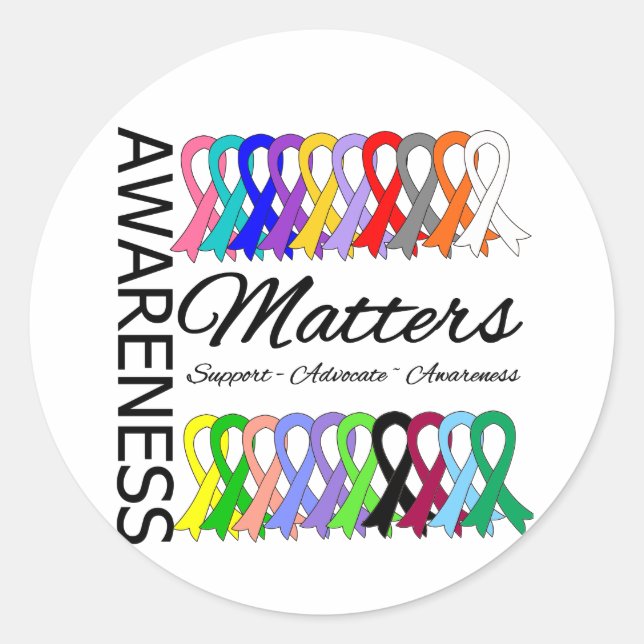 Awareness Matters Ribbons Of Cancer Classic Round Sticker (Front)