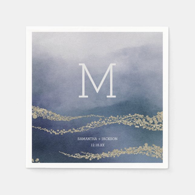 Awash Elegant Watercolor Surf Wedding Monogram Napkin (Front)
