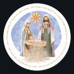 Away In A Manger Lyrics Nativity Gold Text White Classic Round Sticker<br><div class="desc">A beautiful painted Nativity Scene,  with Mary,  Joseph and baby Jesus in a manger is in the middle of the lyrics to the first verse of the much loved Christmas carol Away In A Manger which are circled around,  for a stylish addition to your Christmas mailings.</div>