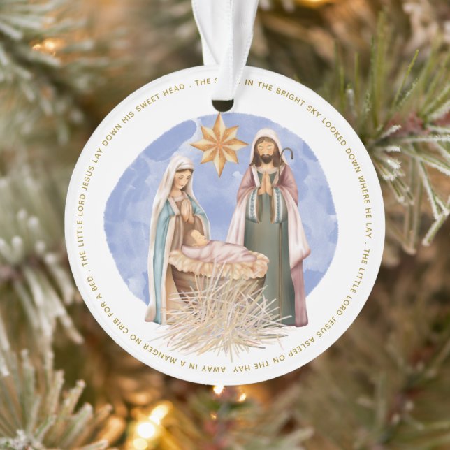 Away In A Manger Lyrics Nativity Gold Text White Ornament (Tree)