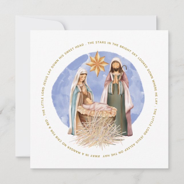 Away In A Manger Lyrics Nativity Scene Christmas Holiday Card (Front)