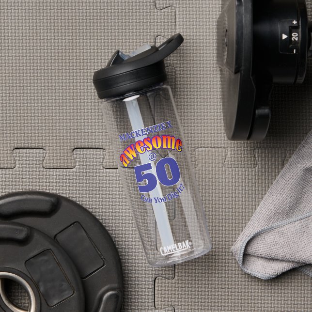 AWESOME 50 Birthday BLUE Text Water Bottle (Gym)
