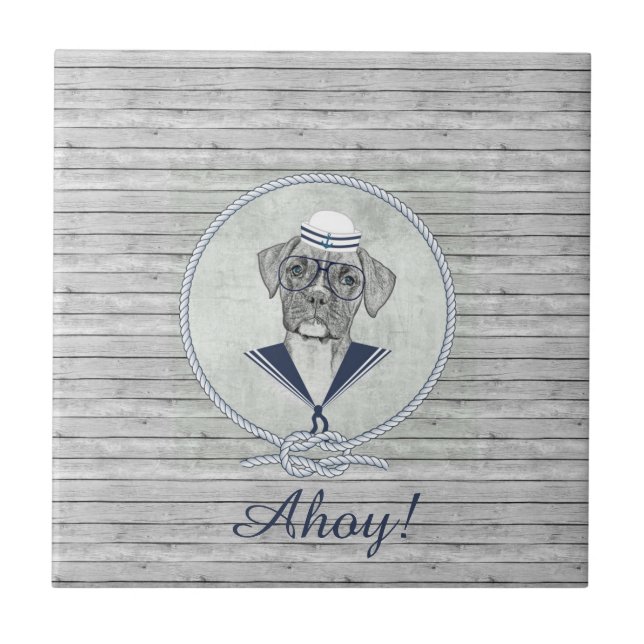 Awesome  adorable funny sailor ahoy boxer dog tile (Front)