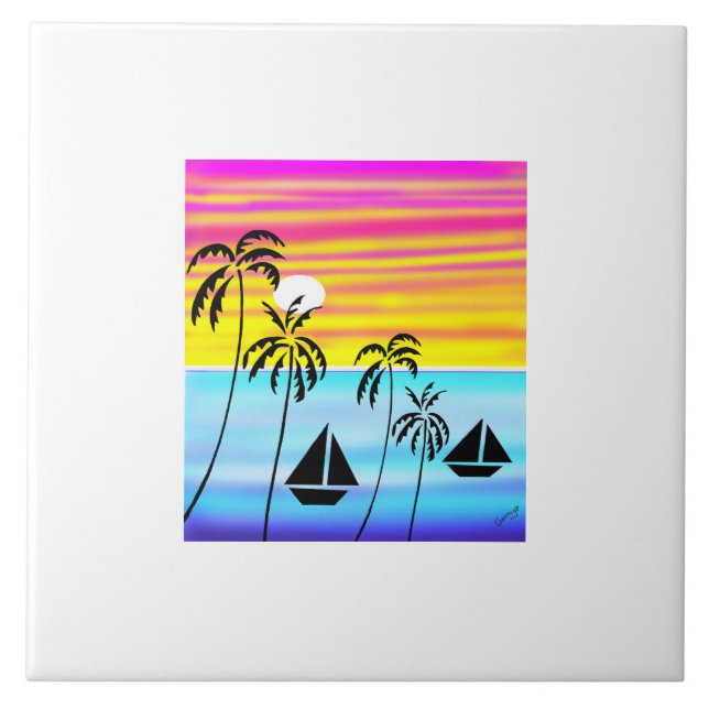 Awesome and Colourful Sunset Ocean Sailing  Tile (Front)