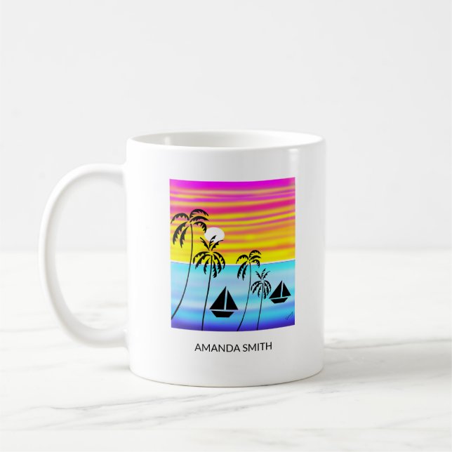 Awesome and Colourful Tropical Sunset Sailing  Coffee Mug (Left)