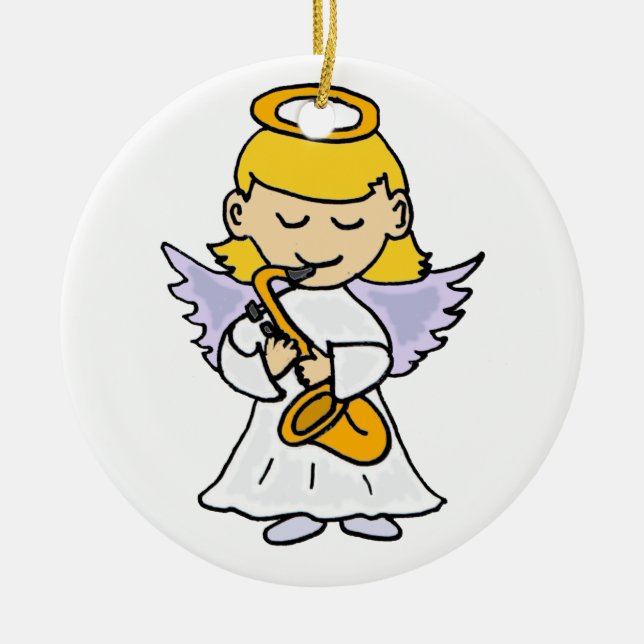 Awesome Angel Playing the Saxophone Art Ceramic Ornament (Front)