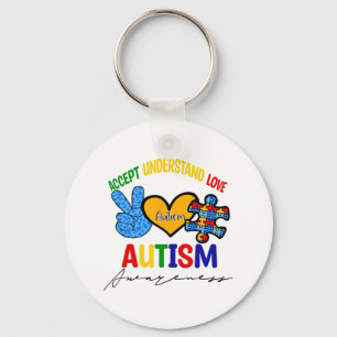 Awesome Autism Support Peace Love Accept Autism Aw Keychain