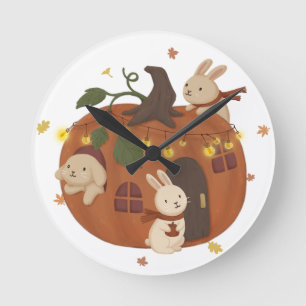 Awesome Autumn: Bunny & Pumpkin Round Clock