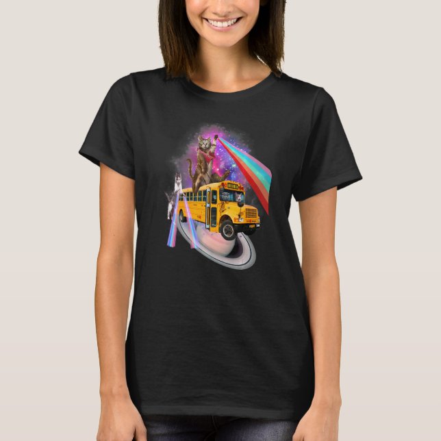 Awesome Back To School Cat Bus Rainbow Outer Space T-Shirt (Front)