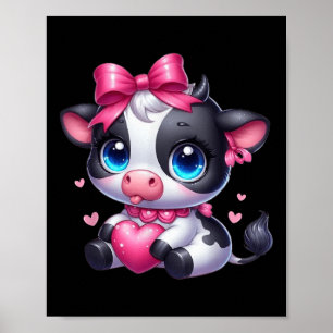 Awesome Black And White Cow Holding Heart Pink Coq Poster