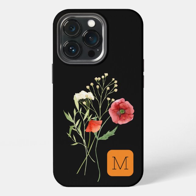 Awesome black background Feminine initial floral iPhone Case (Back)