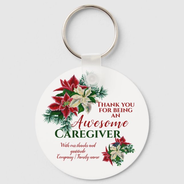 Awesome Caregiver Floral Poinsettia Appreciation  Keychain (Front)