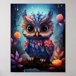 Awesome Colorful Owl With Big Black Eyes Cute Bird Poster