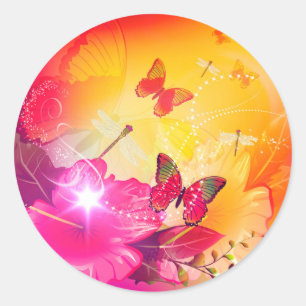 Awesome colourful flowers and butterflys classic round sticker