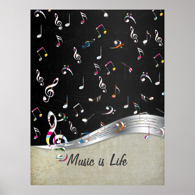 Awesome cool "Music is Life" colorful music notes Poster (Front)