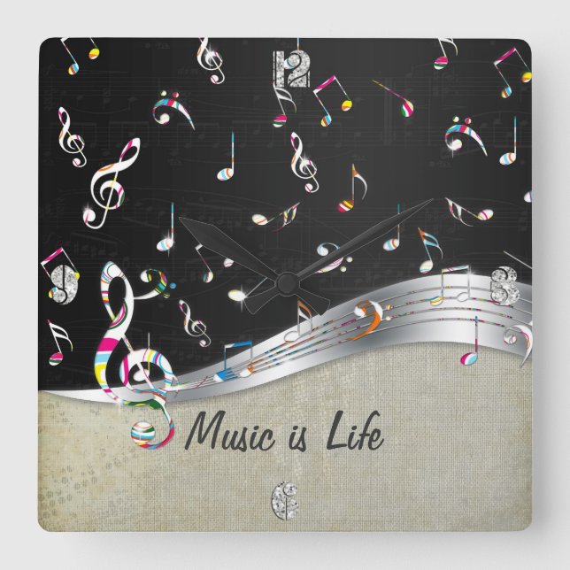 Awesome cool "Music is Life" colorful music notes Square Wall Clock (Front)