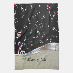 Awesome cool "Music is Life" colourful music notes Kitchen Towel