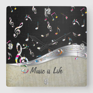 Awesome cool "Music is Life" colourful music notes Square Wall Clock