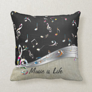 Awesome cool "Music is Life" colourful music notes Throw Pillow