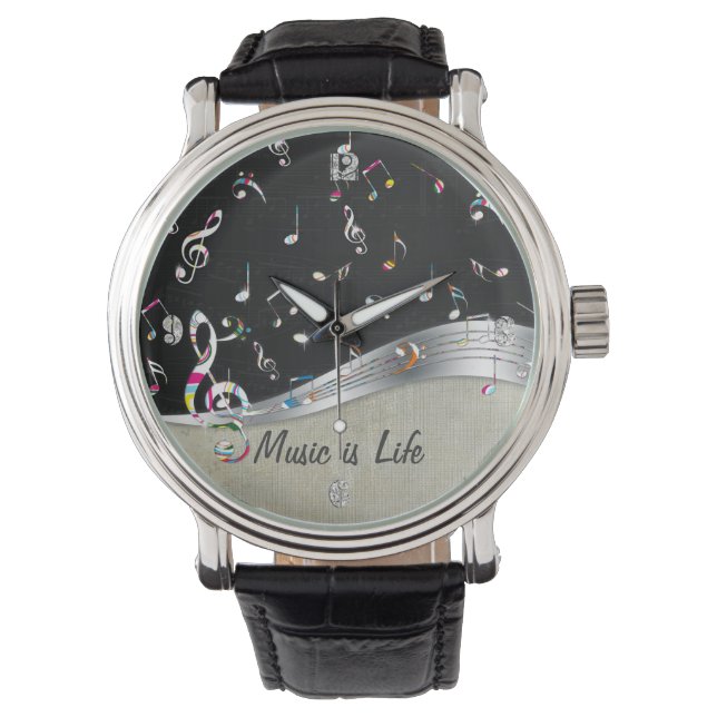 Awesome cool "Music is Life" colourful music notes Watch (Front)