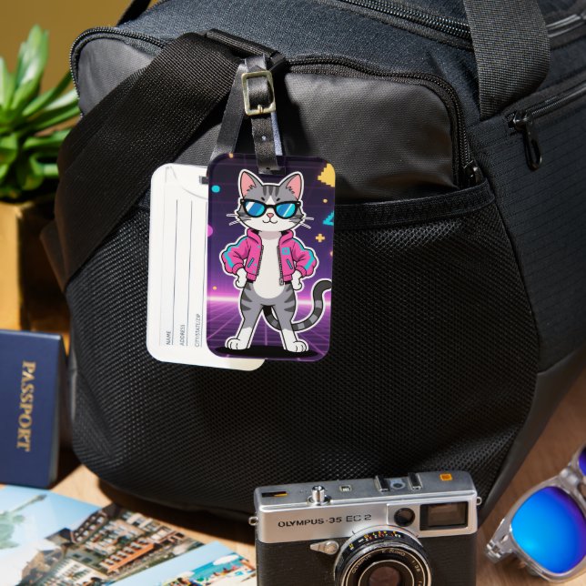 Awesome Cool Retro Gamer Cat Luggage Tag (Front & Back)