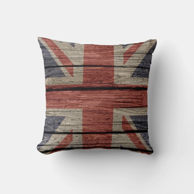 Awesome cool trendy old wood grunge U.k. Flag Throw Pillow (Front)