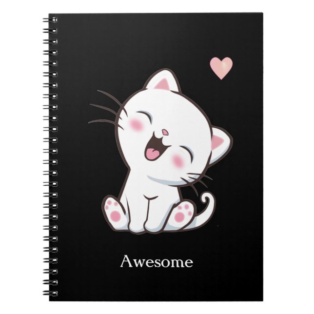 Awesome Cute Kitty Cat on Black Notebook (Front)
