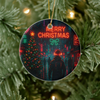 Awesome cyberpunk Christmas street Ceramic Ornament