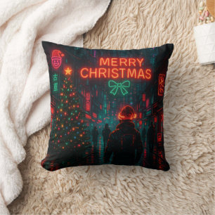 Awesome cyberpunk Christmas street Throw Pillow
