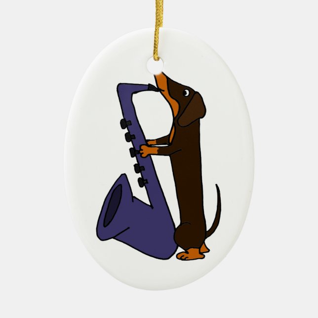 Awesome Dachshund Dog Playing Saxophone Ceramic Ornament (Front)