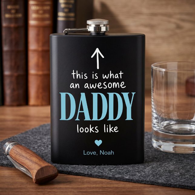 Awesome Daddy Typography Black and Blue Flask (Personalized Awesome Daddy Flask | Father's Day Gift Idea)