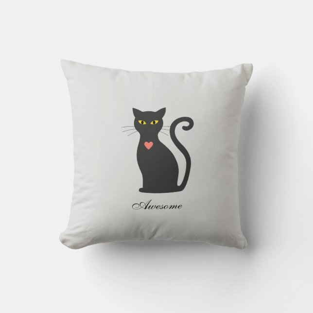 Awesome Dark Grey Cat on Light Silver Throw Pillow (Front)