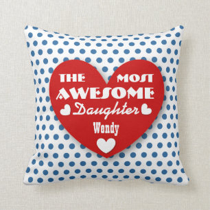 Awesome DAUGHTER Hearts and Polka Dots RED BLUE 10 Throw Pillow