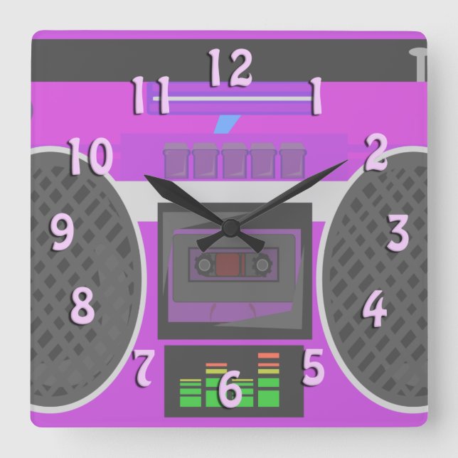 Awesome Eighties Purple Boombox Square Wall Clock (Front)
