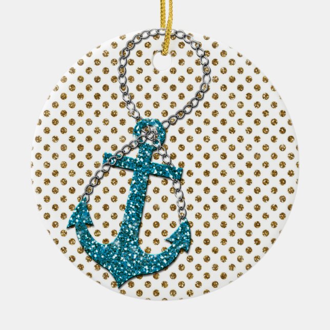 Awesome faux glitter peacock blue nautical anchor ceramic ornament (Front)