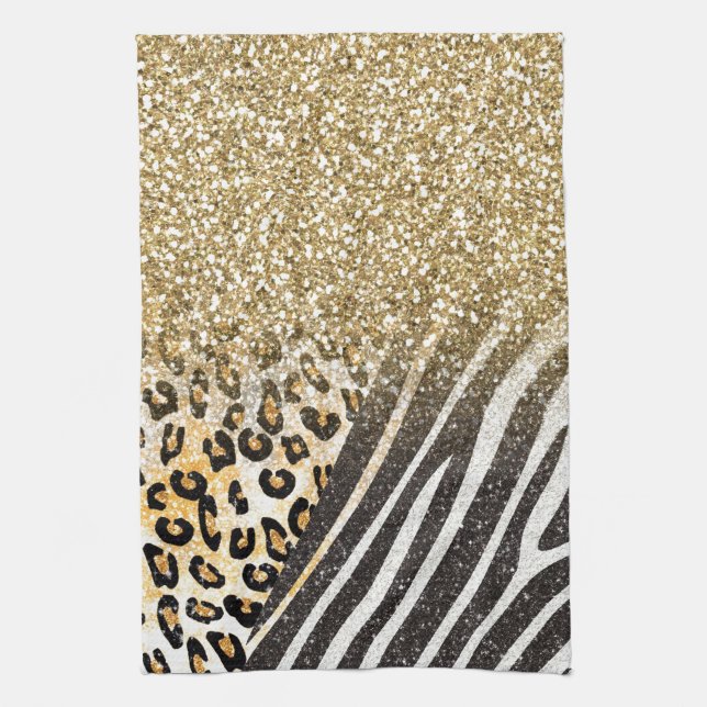 Awesome girly trendy gold leopard and zebra print kitchen towel (Vertical)