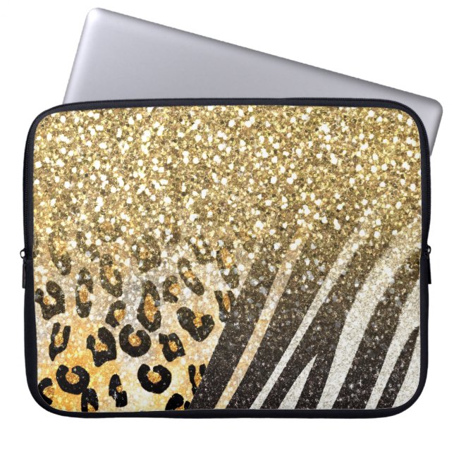 Awesome girly trendy gold leopard and zebra print laptop sleeve (Front)