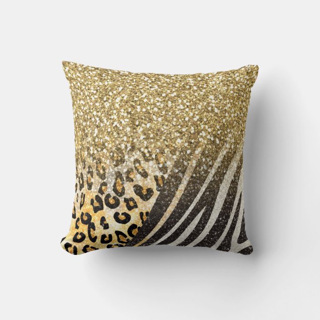 Awesome girly trendy gold leopard and zebra print throw pillow (Front)