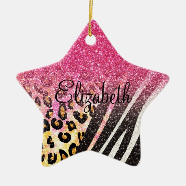 Awesome girly trendy leopard print, zebra stripes ceramic ornament (Front)