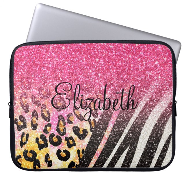 Awesome girly trendy leopard print, zebra stripes laptop sleeve (Front)